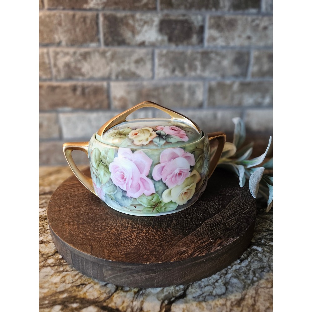 Vintage‎ Hand Painted Porcelain Sugar Bowl Pink Yellow Roses Gold Gilt Handles